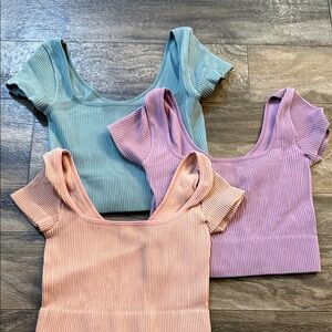 Stylish Ribbed Scoop Neck Crop Tops - Blue, Pink, and Peach